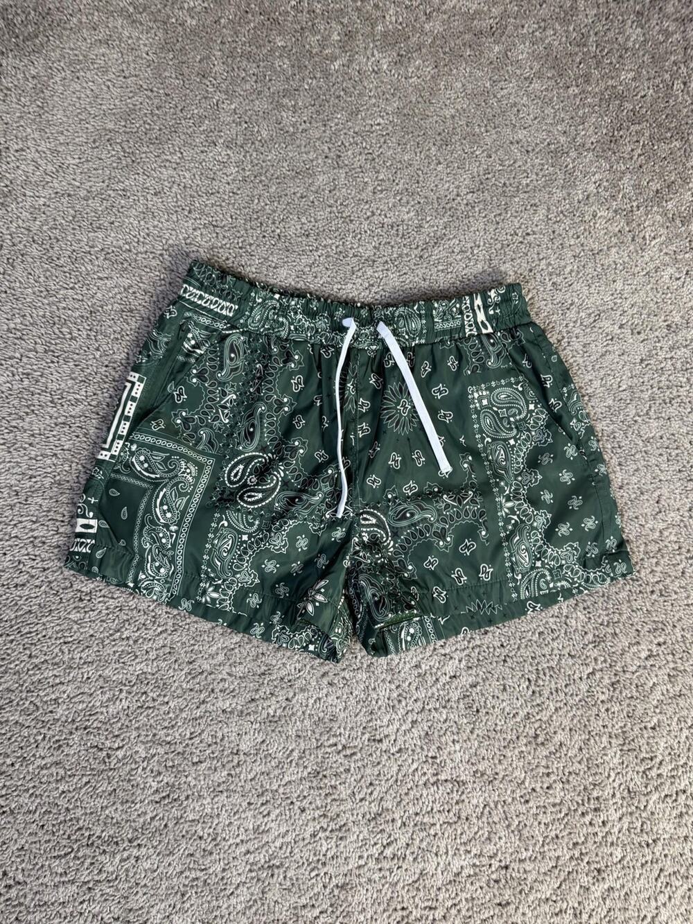 Men's Athletic Swim Shorts in Dark Green Bandana Print